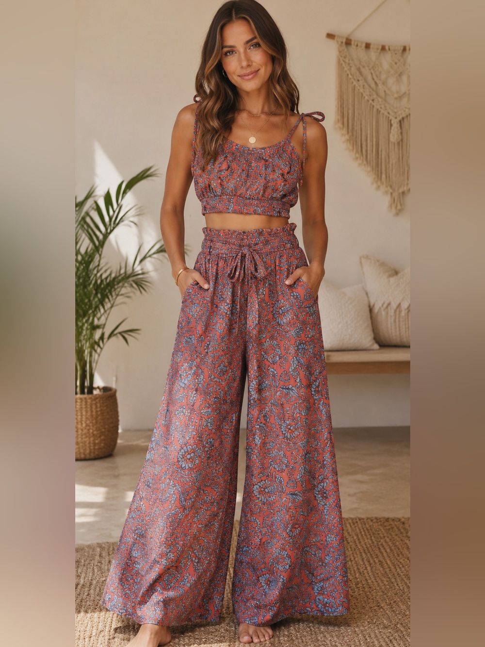 Floral Wide-Leg Pant Set in Coral with Blue Print